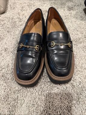 Sam Edelman Black Leather Loafers with Gold Bit Hardware